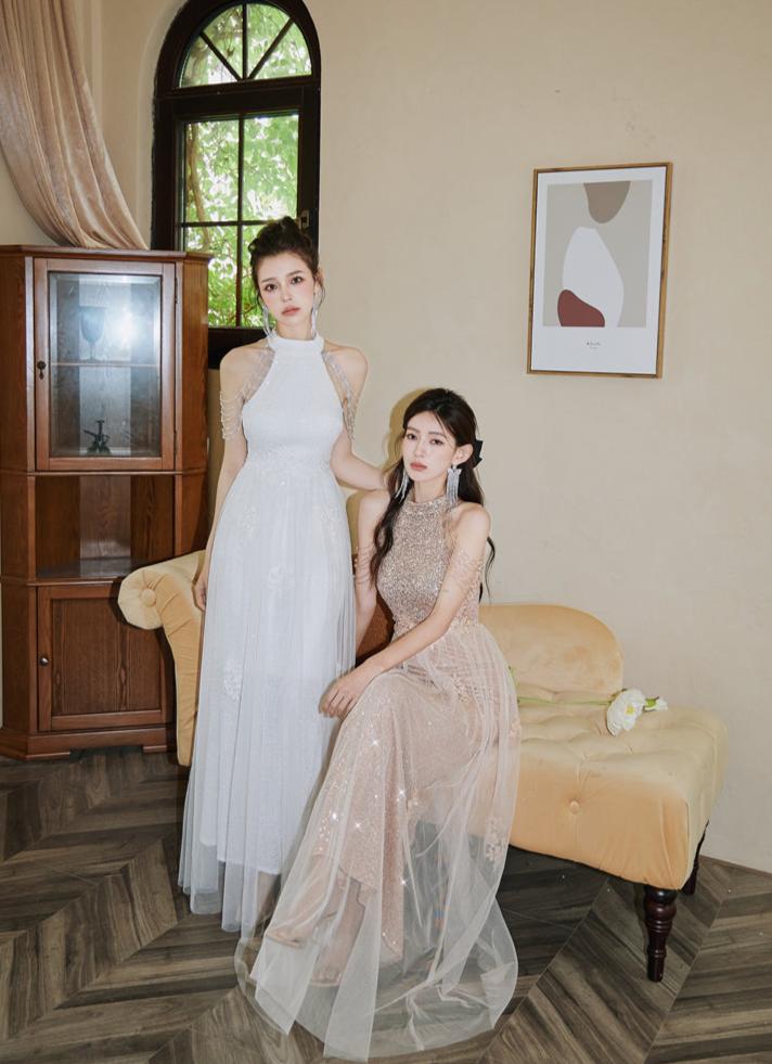 DOLLY Luxury Stand Collar Sleeveless Sequin Glitter Beads Long Nesh Cocktail Dress-SOPHIA