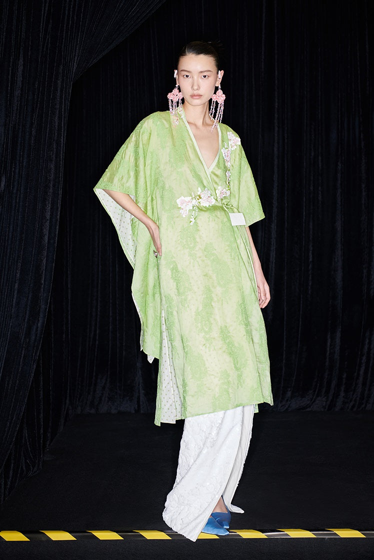 M essential Mackay designer green embroidered fabric magnolia beaded cardigan robe - RUTH.