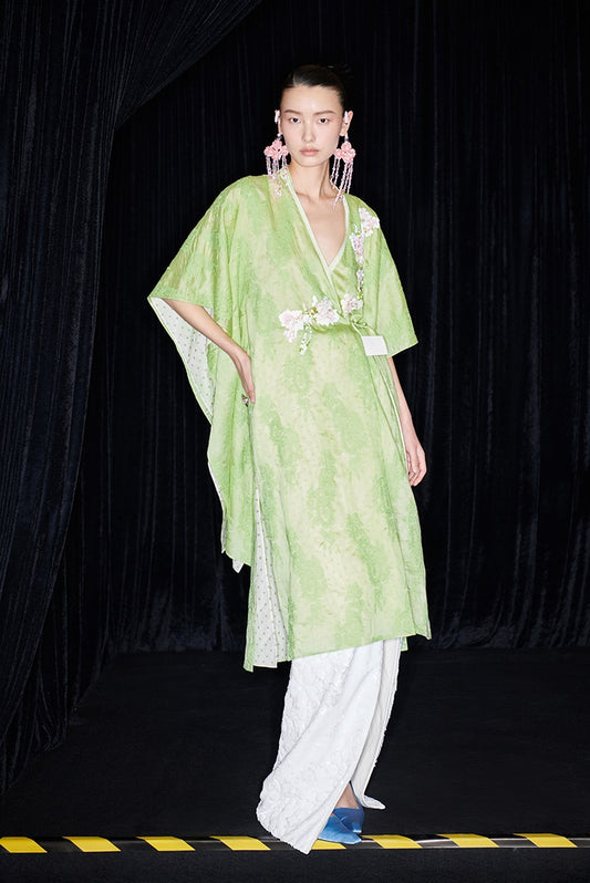 M essential Mackay designer green embroidered fabric magnolia beaded cardigan robe - RUTH.