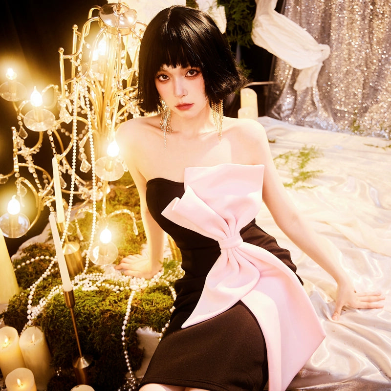 DOLLY Luxury French Style Chest Wrap Pink Bow Body Hug Black Cocktail Dress-ARETE