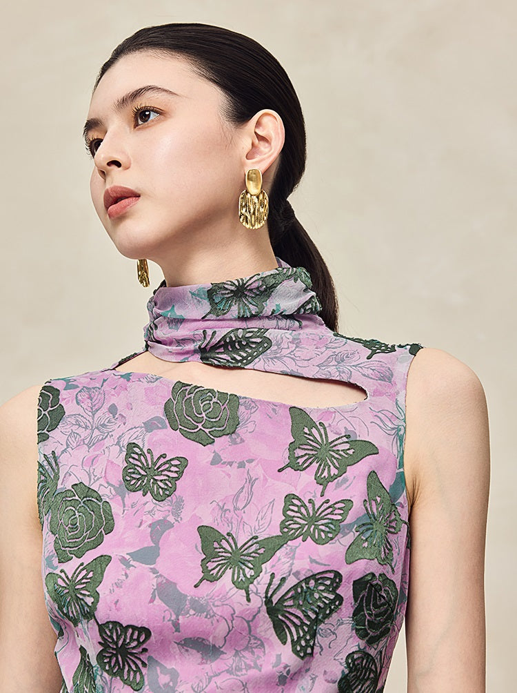 HECO Burnt flower hollow slim sleeveless purple midi dress woman - MIGHT.