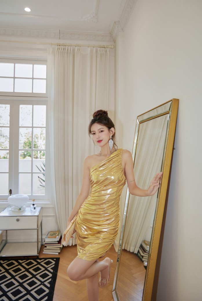 DOLLY Gold Slant Collar Off Shoulder Pleated Body Hug Midi Dinner Dress-AURELIA