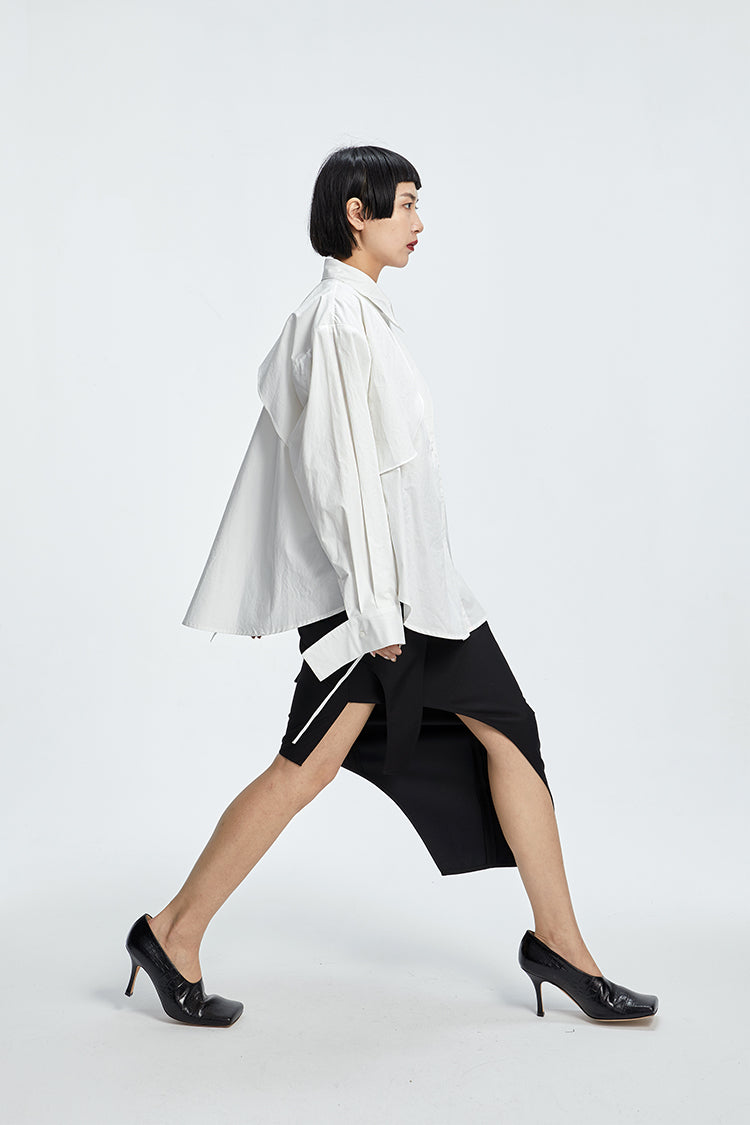 TINY IN  two irregular drawstrings waist cinching blue white shirts-DANTE