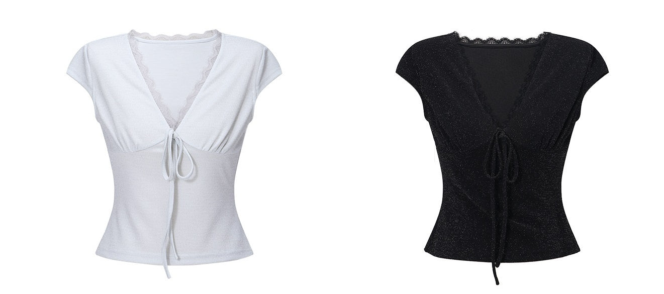 WANGXO | Sparkling Silk High-Density Knit Hand-Shaped Lace Detail V-Neck Slim Fit Top -NOYA