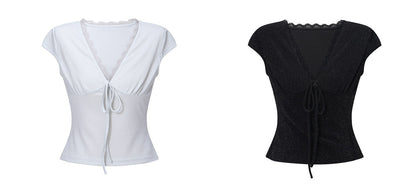 WANGXO | Sparkling Silk High-Density Knit Hand-Shaped Lace Detail V-Neck Slim Fit Top -NOYA