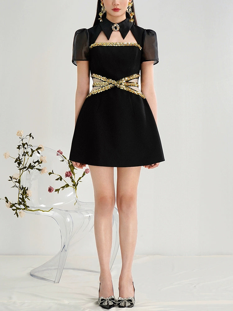 CHECOCRE Elegant Gold Sequence Hollow Black Short Dress - UNDER