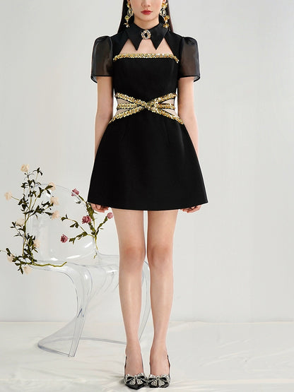 CHECOCRE Elegant Gold Sequence Hollow Black Short Dress - UNDER