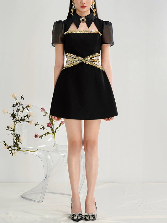 CHECOCRE Elegant Gold Sequence Hollow Black Short Dress - UNDER
