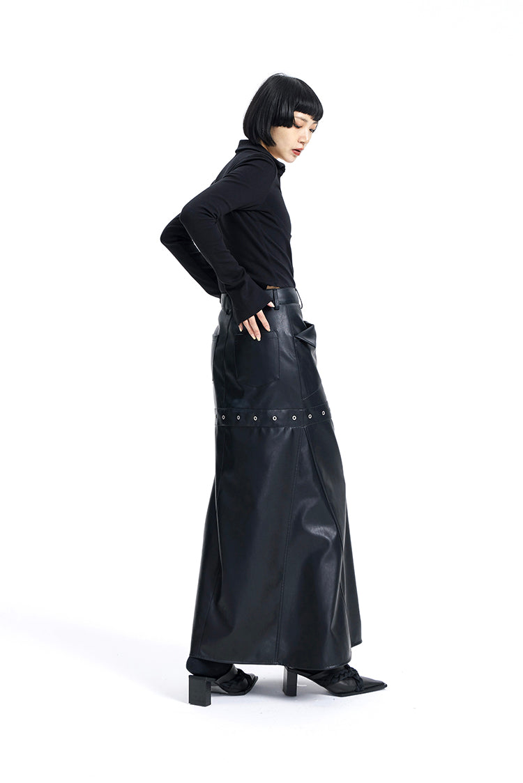 TINY IN High Waist Leather Panelled Fishtail Black Skirt-RIHA