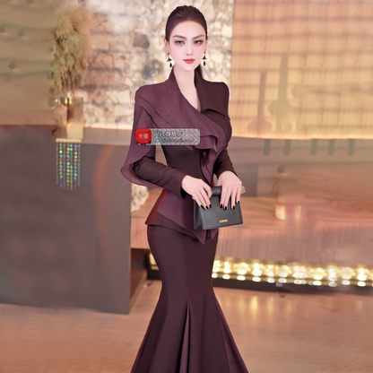 VJE  slim ruffled jacket mermaid skirt two-piece suit set- JOKY.