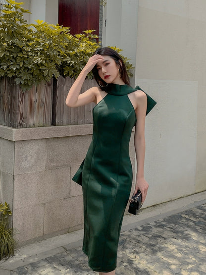 DOLLY Luxury Halter Neck Sleeveless Backless Big Bow Dinner Dress-PELA