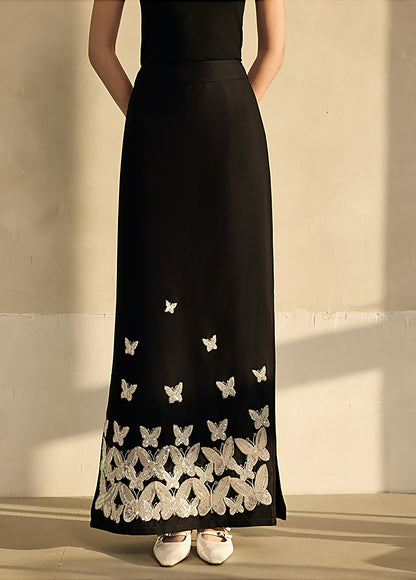 HECO Butterfly Embroidery black white High-waisted Straight Skirt Women - CODE.