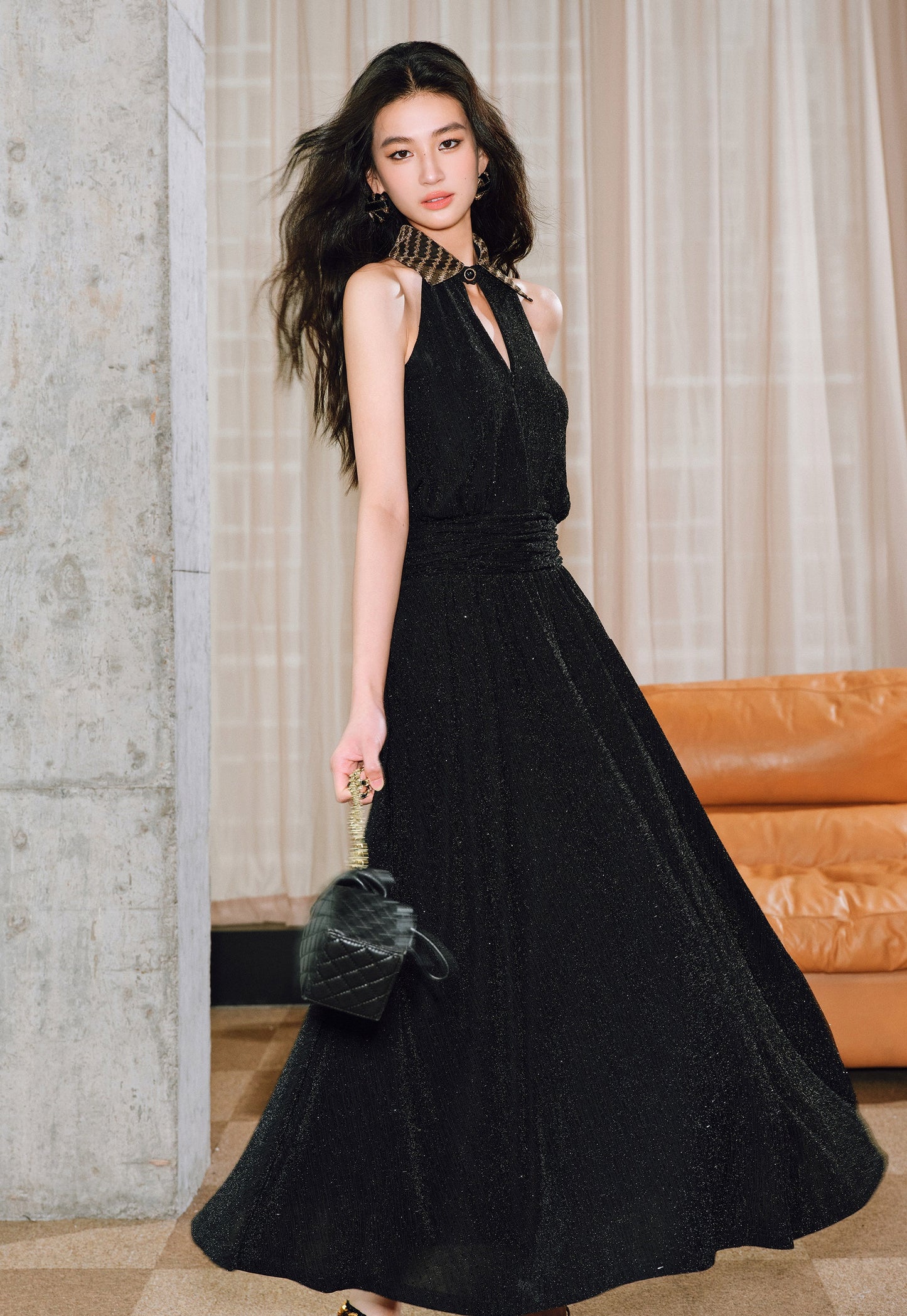 WANGXO | Extravagant Sparkling Meteor Diamond  Metallic Striped Umbrella Hem Sleeveless Dress -ZIVI