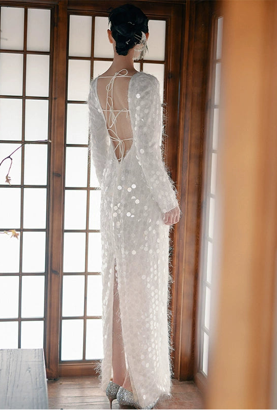 GOUDIN Long sleeved white engagement dress -MINA.