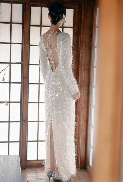 GOUDIN Long sleeved white engagement dress -MINA.