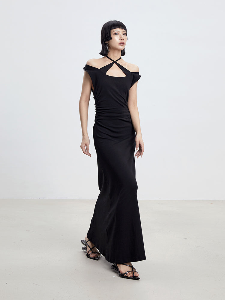 TINY IN cross-neck pleated knit maxi black dress-AYA