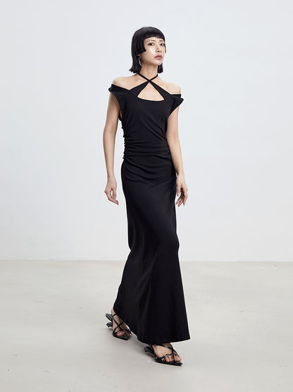 TINY IN cross-neck pleated knit maxi black dress-AYA