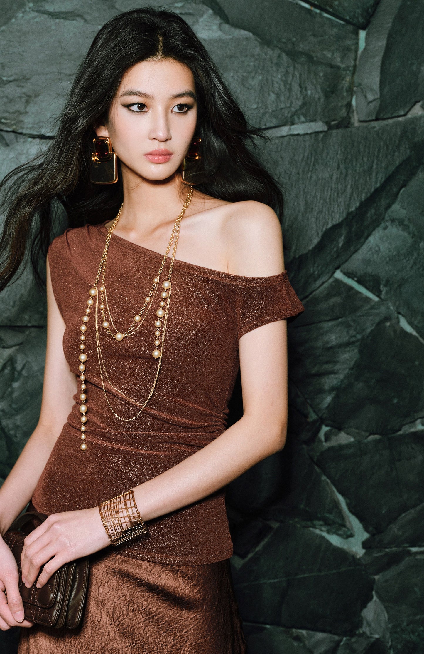 WANGXO Brilliant Radiant Acetate Bright Silk Heavy Handmade Slanted Shoulder Top - NELLA