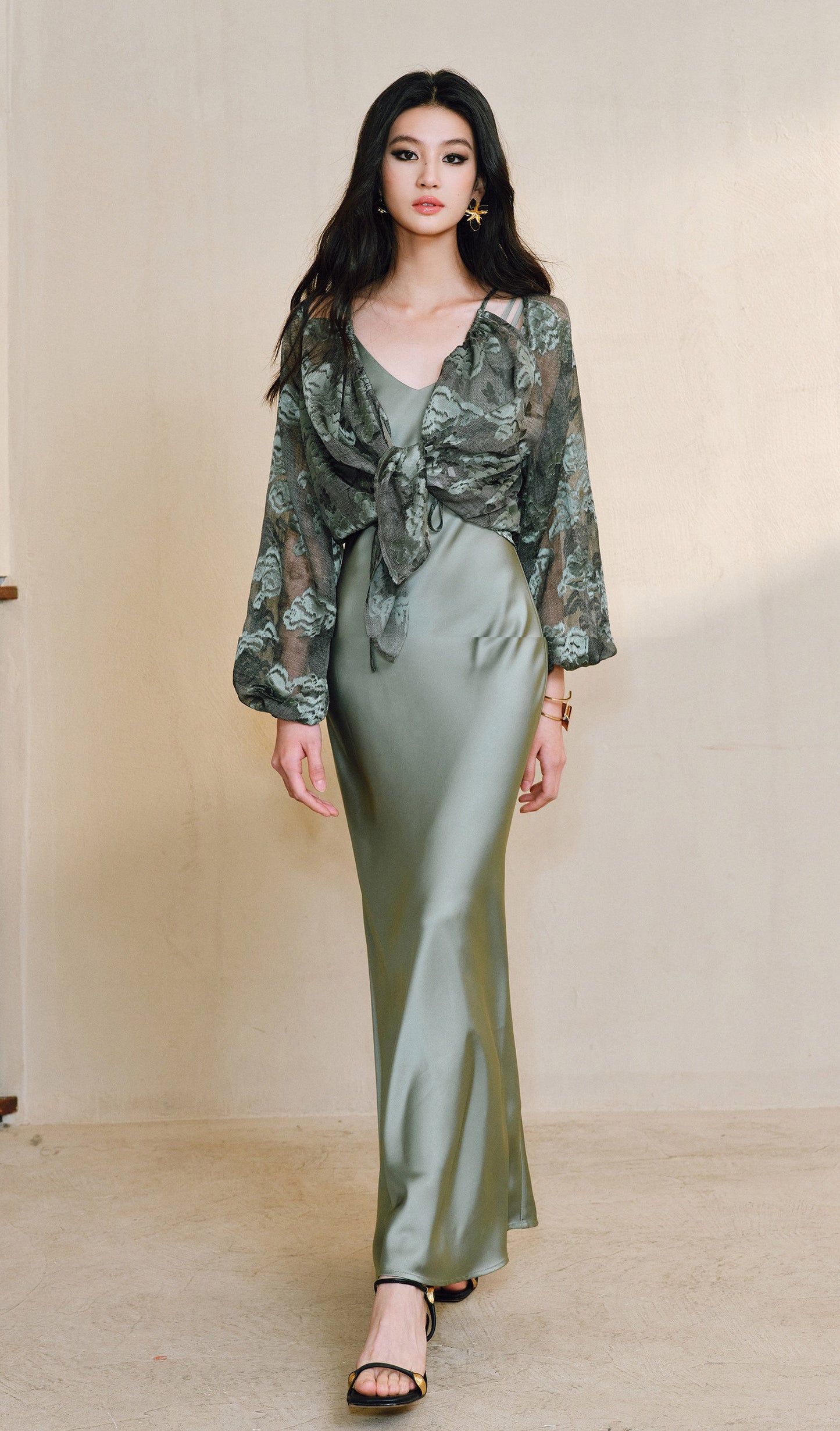 WANGXO Devoré Lace Light and Shadow Heavy Industry Bias French Cardigan & Satin Sundress Set - ESMEE