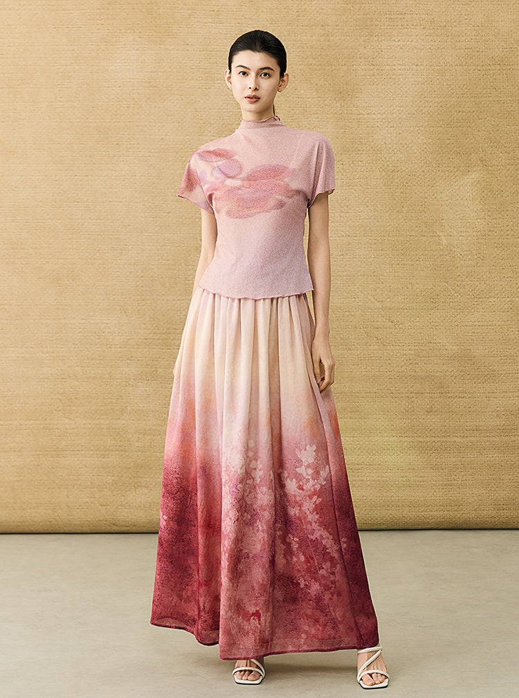 HECO Chinese Gradient Blended Lightweight Summer Print High-Waisted Skirt - AVEL.