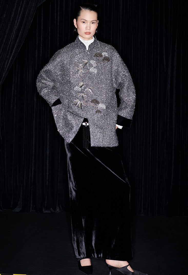 M essential Mackay designer cedar beaded jacket  elegant black velvet skirt- abel.