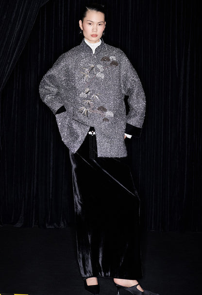 M essential Mackay designer cedar beaded jacket  elegant black velvet skirt- abel.