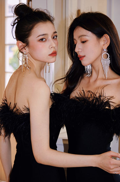 DOLLY High End Black Sleeveless Feather Tube Top Long Flared Pant Jumpsuit-PALMER