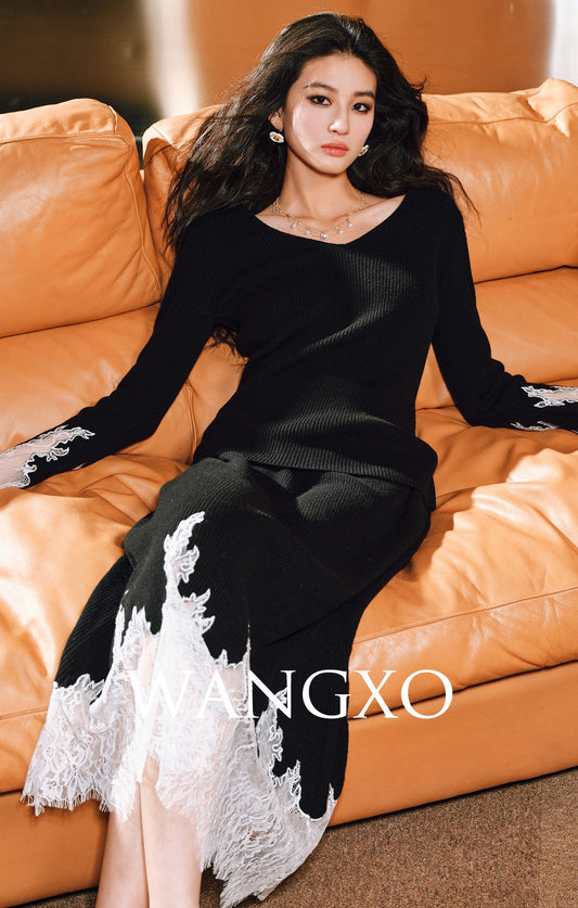 WANGXO | Merino wool eyelash lace french knitting top and skirt set -MILA.