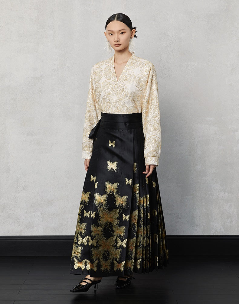 HECO Butterfly Hanfu High Waisted Pleated Long Skirt - rain.