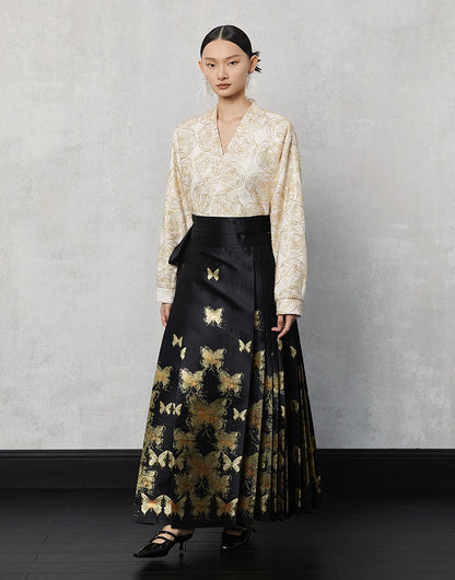 HECO Butterfly Hanfu High Waisted Pleated Long Skirt - rain.