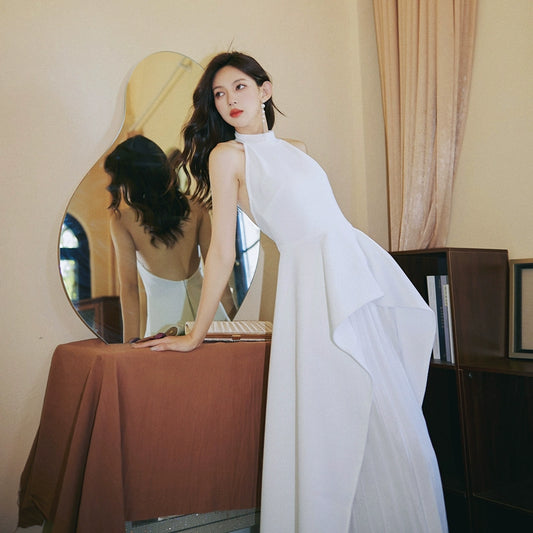 DOLLY High End White/Black Sleeveless Ruffled Halter Neck Top+ Pleated Skirt-SOLANGE