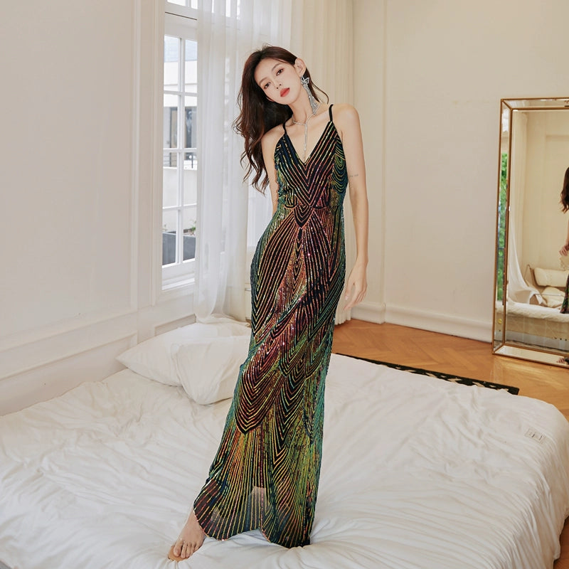 DOLLY Elegant Colorful Black Sleeveless Sequin Long Suspender Banquet Dress-LUNE