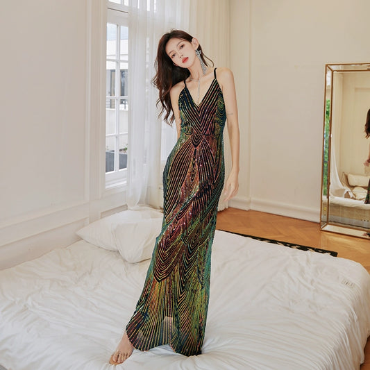 DOLLY Elegant Colorful Black Sleeveless Sequin Long Suspender Banquet Dress-LUNE