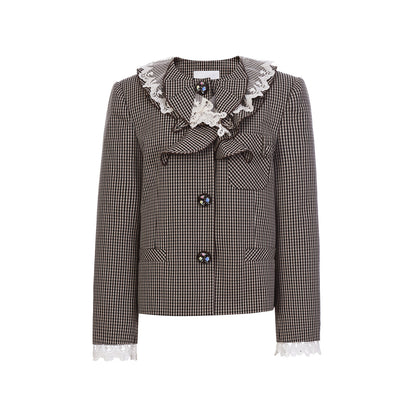 FAME Ruffled Lace Vintage Check Short Jacket Top - KYLA.