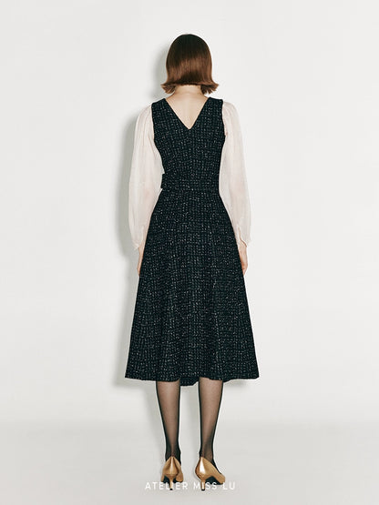 ATELIER MISS LU Vintage Tweed Sleeve Patchwork Dress - KIMMIE