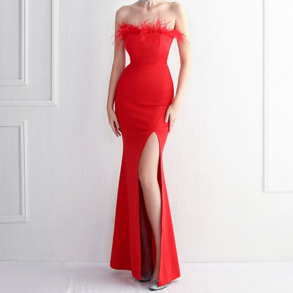DOLLY Elegant Off Shoulder Feather Tube Top Long Slit Banquet Dress-GALE