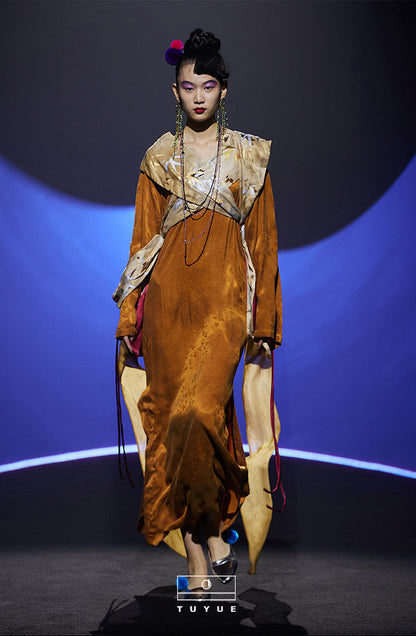 TUYUE Jacquard Streamer Backless Long Sleeve Dress - ADAM.