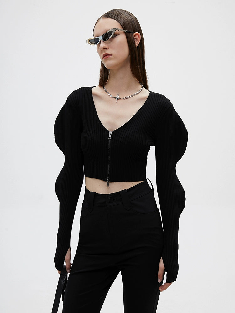 ANNAKIKI 3D Wave Sleeve L-Neck Knit top -KITAGAWA.