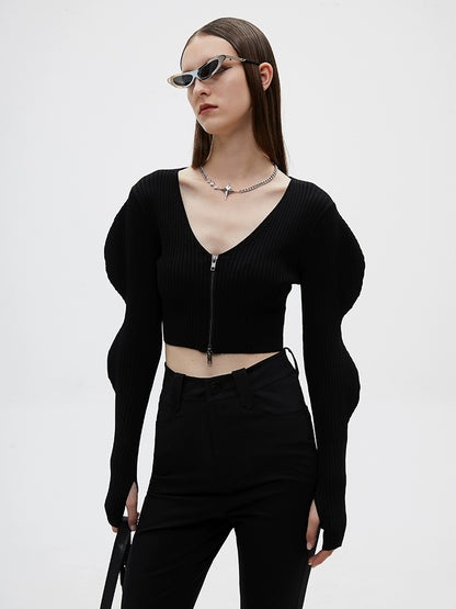 ANNAKIKI 3D Wave Sleeve L-Neck Knit top -KITAGAWA.