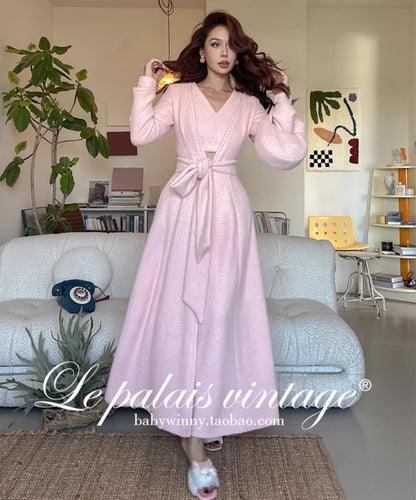 Le Palais Vintage Luxury Soft Slim Plush Drape Wrap  Long White and Pink Dress-Hazel