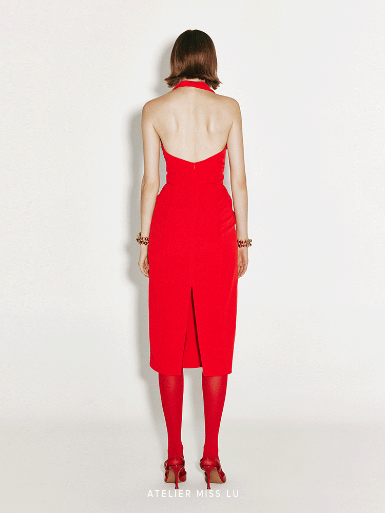 ATELIER MISS LU Fall/Winter ruffled design halterneck backless slim Red dress - STELLA