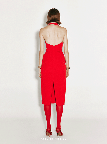 ATELIER MISS LU Fall/Winter ruffled design halterneck backless slim Red dress - STELLA