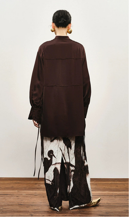 ZHUCHONGYUN Dragon Pattern Embroidery Lace-up Collar Shirt--AKEMI.