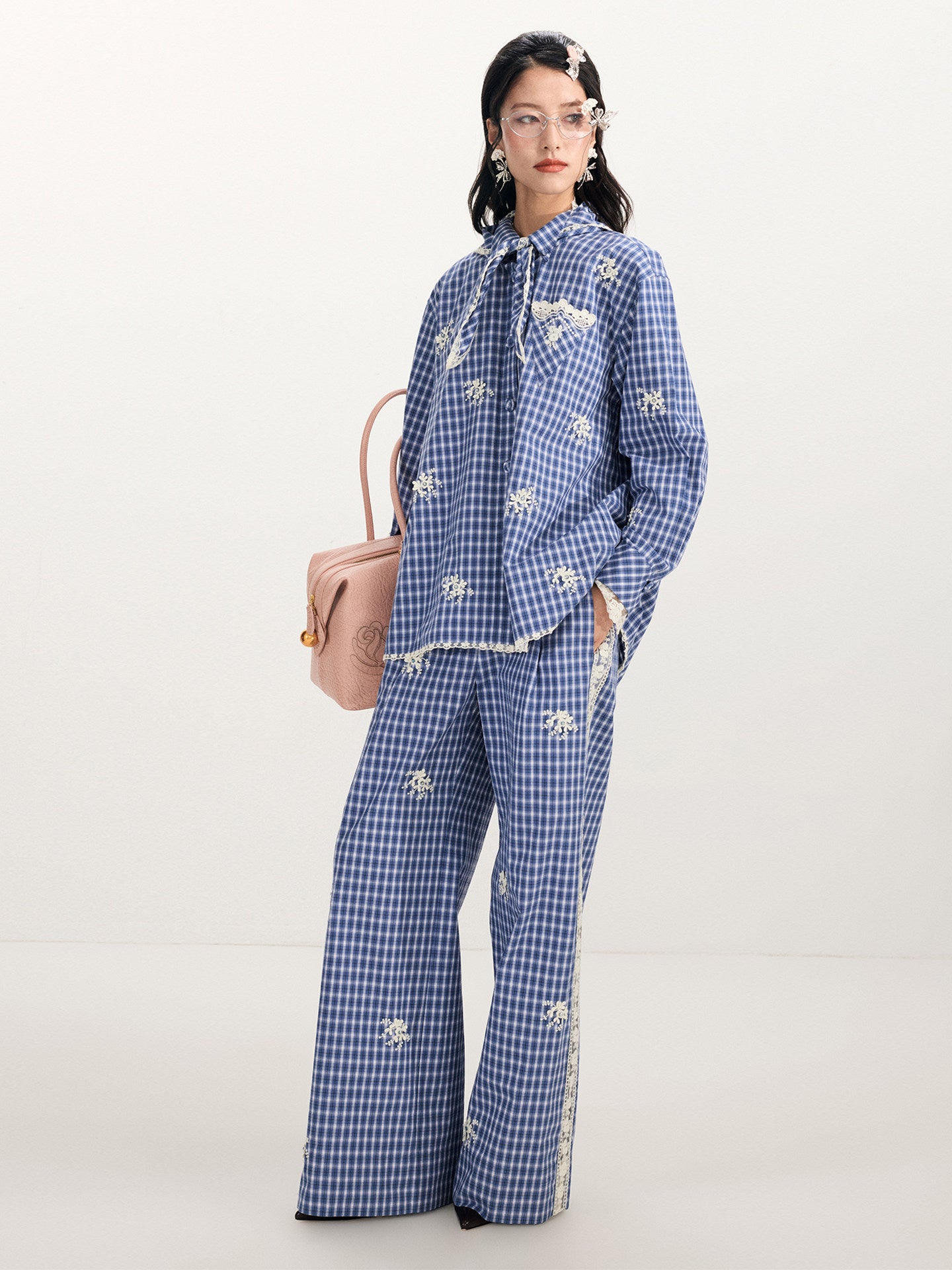 FAME plaid beaded cut-out patchwork trousers straight slacks - TREVOR
