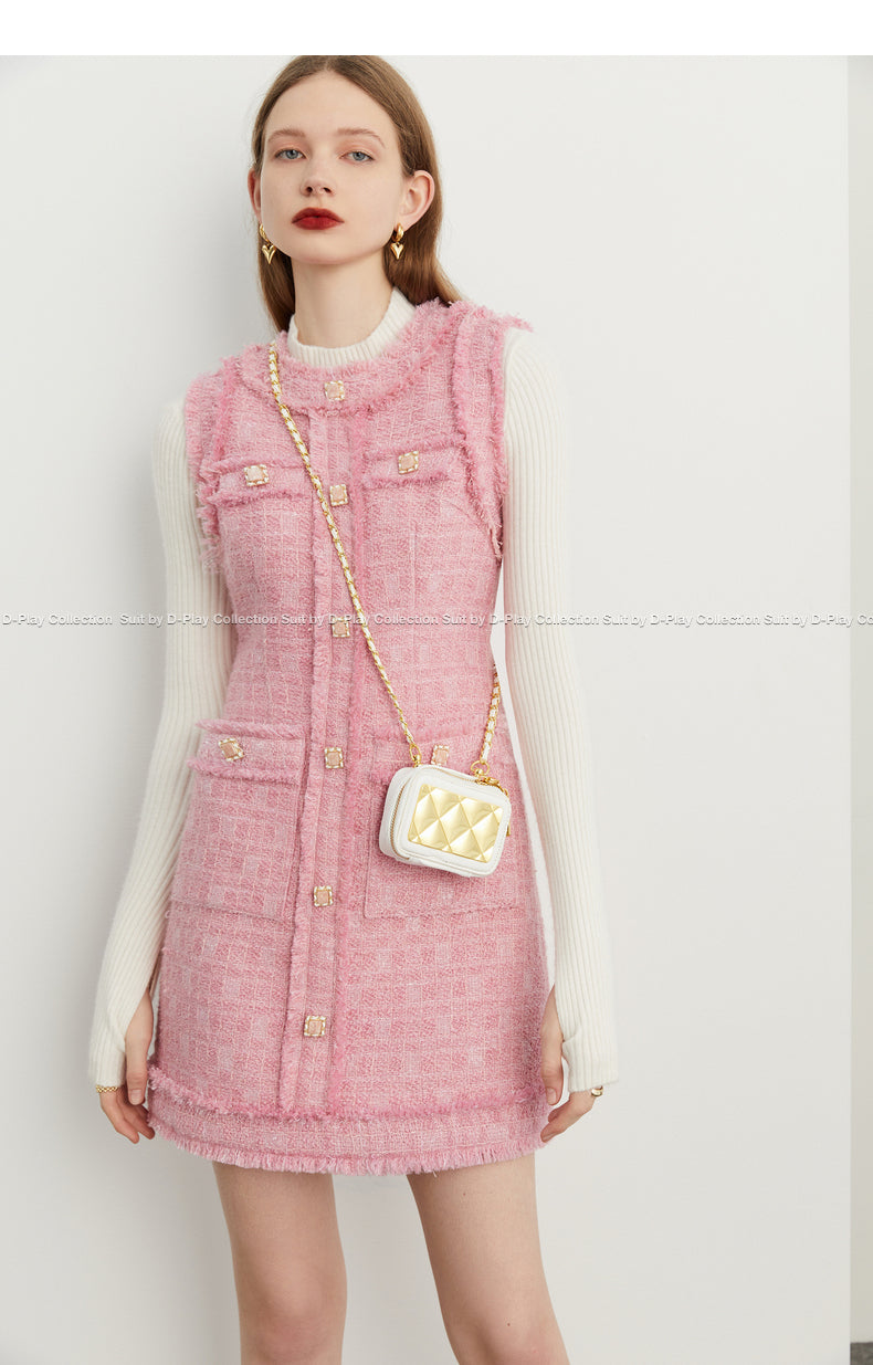 Fall Autumn French Light Luxury Pink Brushed Tweed Vest Dress- Suni