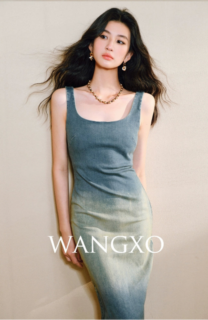 WANGXO | Shu Rou Denim Sand-Fried U-Neck Waist Vest Dress - NOOR