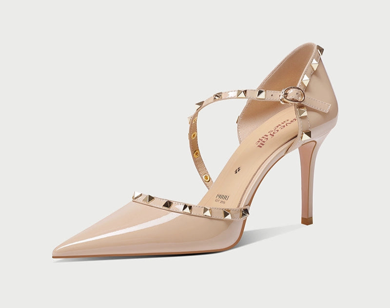 PJJUU Summer leather strappy stiletto nude toe studded heels - LEVI