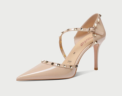 PJJUU Summer leather strappy stiletto nude toe studded heels - LEVI