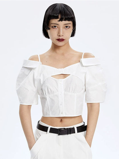 TINY IN stitched off-the-shoulder cut-out ultra-cropped women's shirts- CART