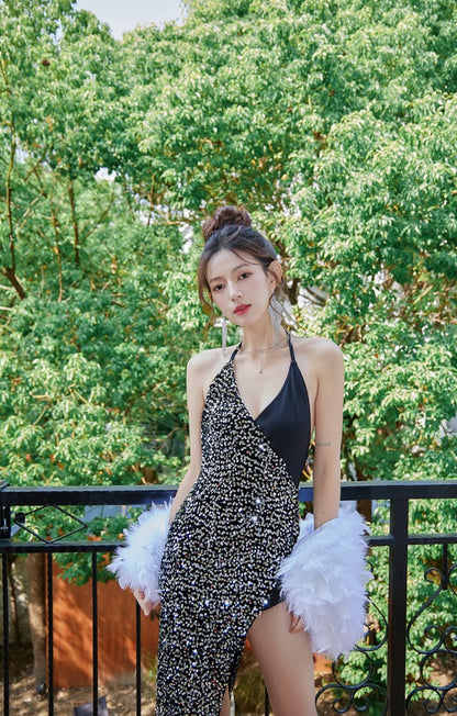 DOLLY Luxury Black Sleeveless Sequin Halter Neck Irregular Hem Sexy Cocktail Dress-ANASTASIA